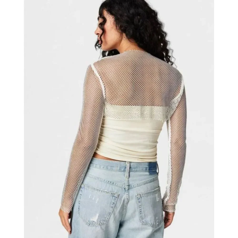 NWOT OS Free People Siren Mesh bolero top XS/S/M white cropped jewel shirt sheer
